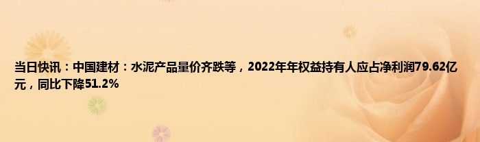 中国建材：水泥产品量价齐跌等，2022年年权益持有人应占净利润79.62亿元，同比下降51.2% 