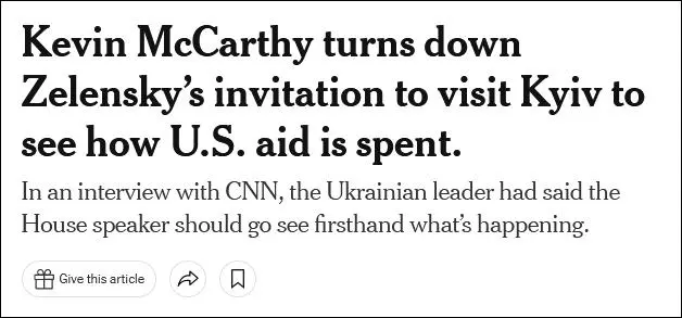 泽连斯基呼吁美国加快对乌援助，麦卡锡拒绝访问基辅